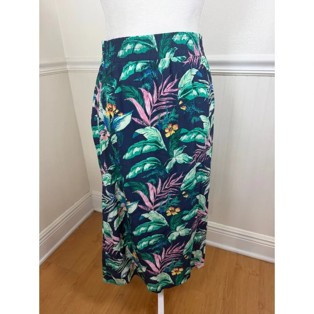 LOFT Tropical Floral Maxi Skirt‎ Womens XSP Navy Blue Button Side Slit Petite